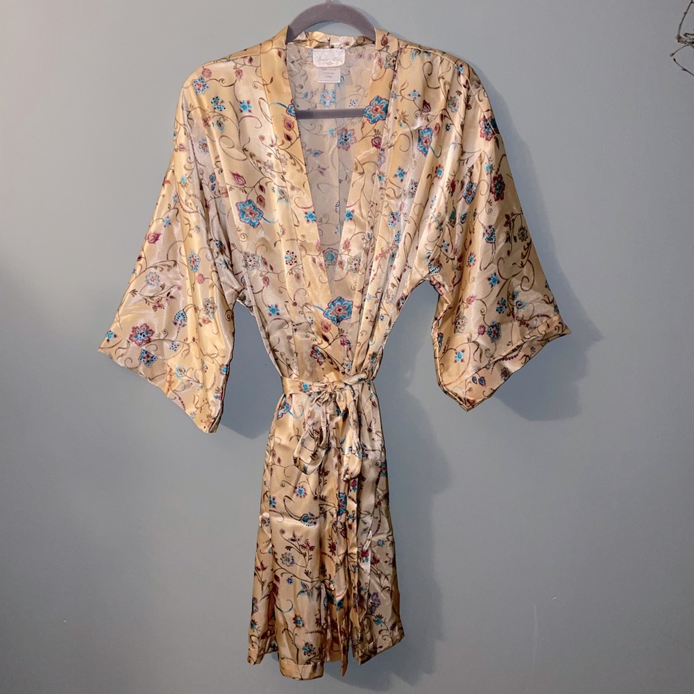 Vintage Floral Inner Most Belted Satin Gold Robe